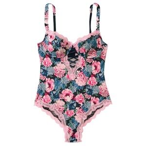 Floral Lace Trim Bodysuit - Pink and Blue
